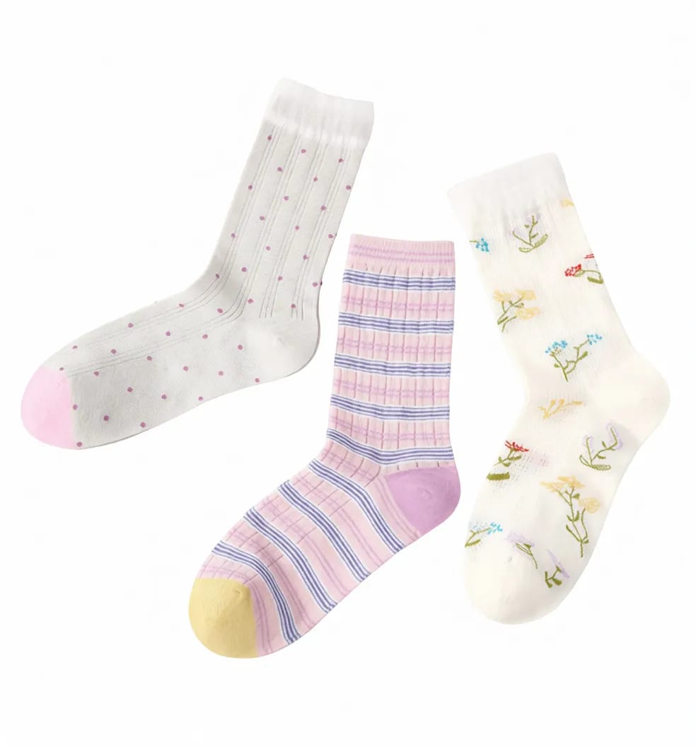 Breathable Mesh Lace Crew Socks Floral Striped Thin Hosiery