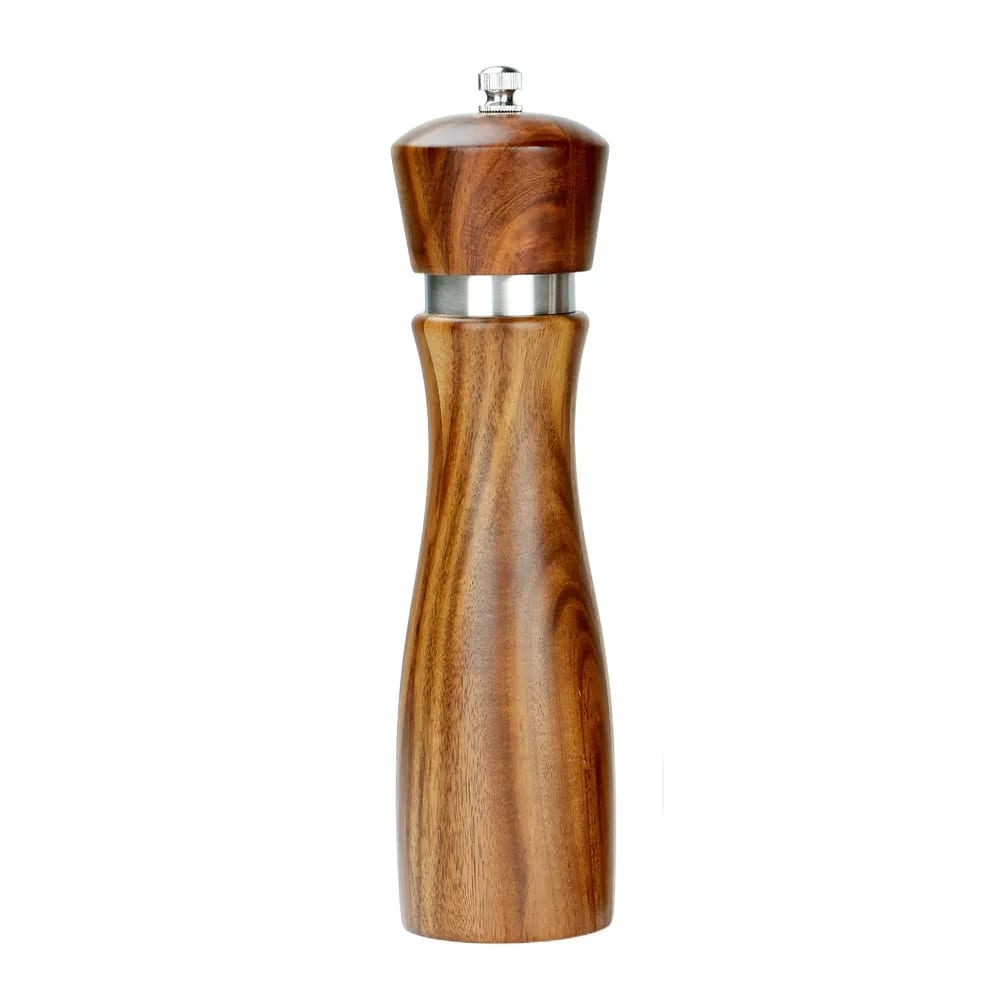 Elegant 8 Inch Acacia Wood Salt Pepper Grinder Steel Ring