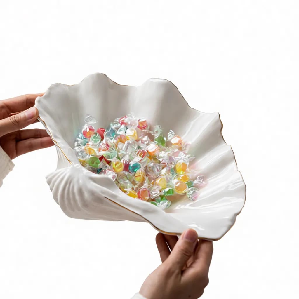 Elegant Gold Rim Ceramic Seashell Serving Fruit Candy Bowl