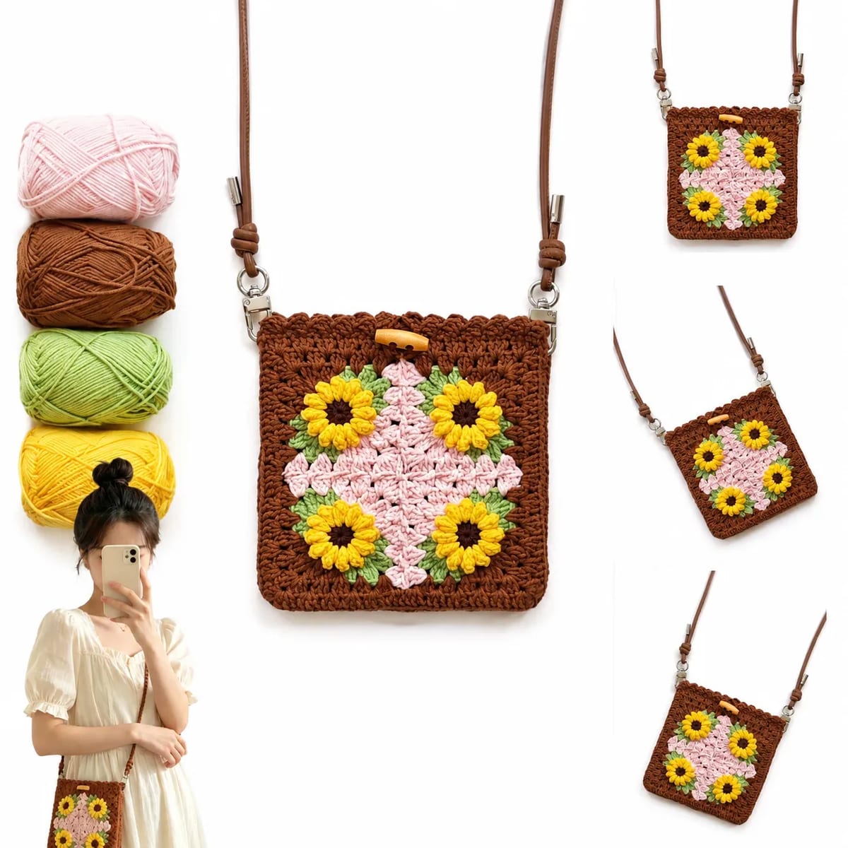 Handmade Crochet Sunflower Crossbody Phone Purse Bag Strap